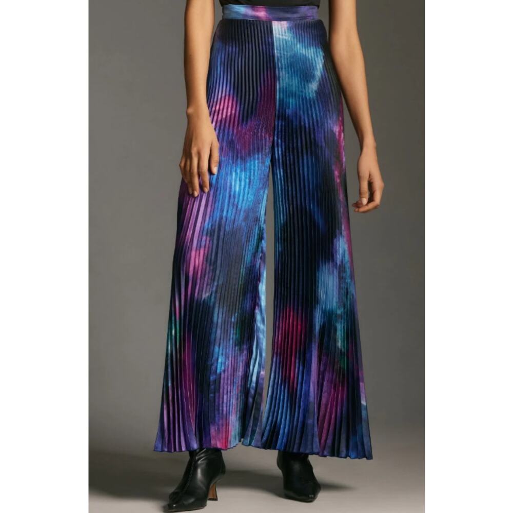 Wide-Leg Pleated Palazzo Pants in Blue Purple Tie-Dye